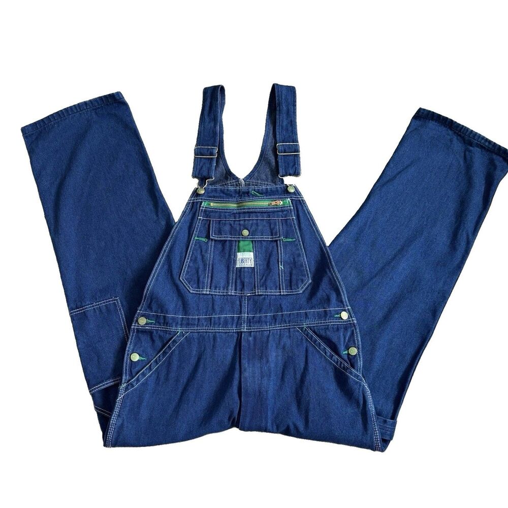 Liberty Denim Bib Overalls 36x30 Dark Wash Blue Green Accents Zip Pocket
